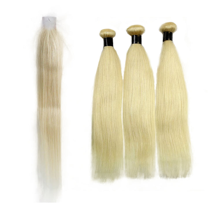 Mèches de cheveux humains lisses en soie couleur 613 avec fermeture en dentelle HD 2x6