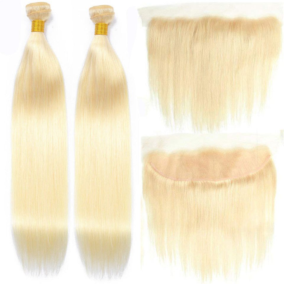 #613 Mèches blondes avec dentelle frontale 13x4, cheveux humains lisses et soyeux