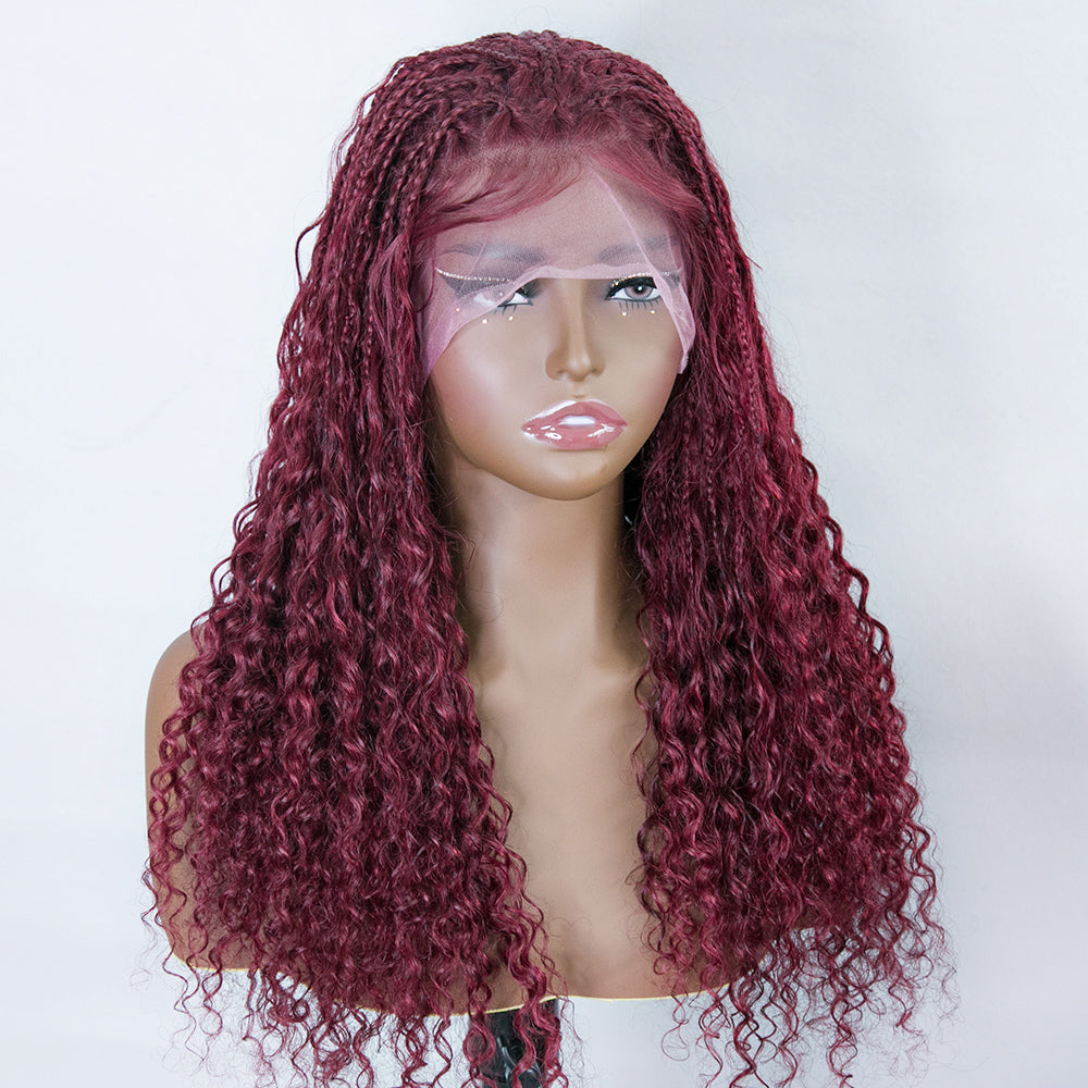 Burgunderrote transparente Spitze 100 % Echthaar geflochtene Perücke mit Babyhaar
