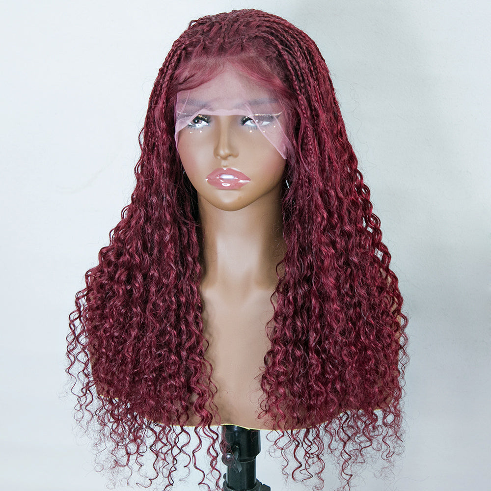 Burgunderrote transparente Spitze 100 % Echthaar geflochtene Perücke mit Babyhaar