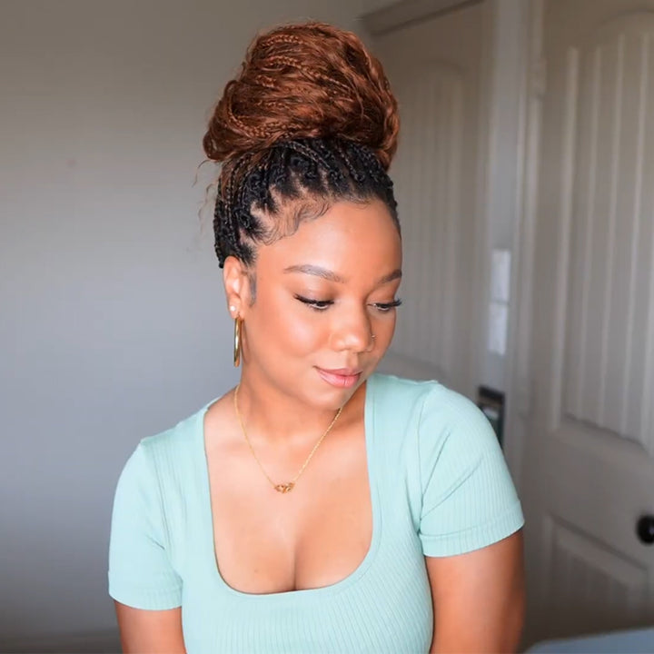 honey Blonde Boho knotless braids with high bun