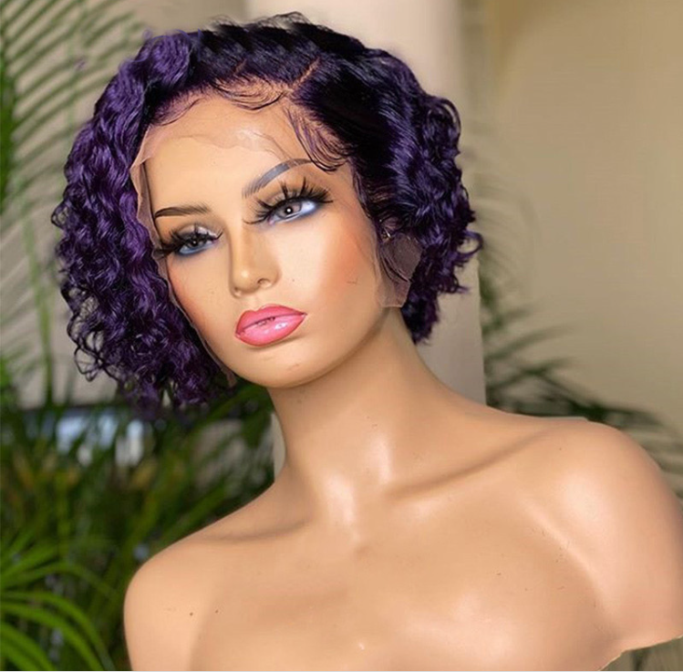 Perruque courte bouclée violette pré-coiffée avec dentelle frontale PCCT1364
