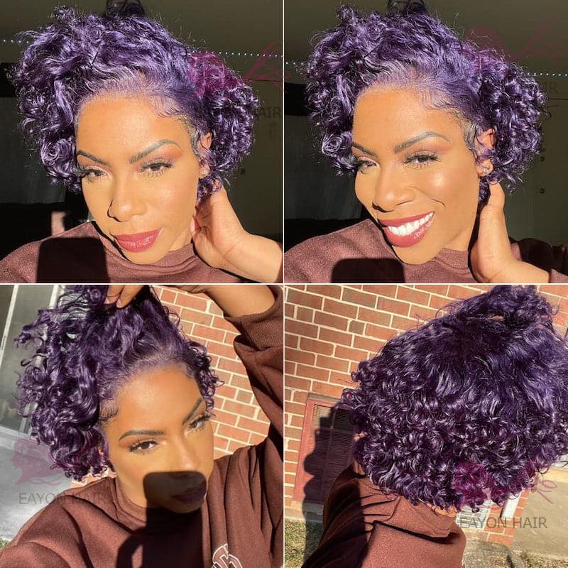 Perruque courte bouclée violette pré-coiffée avec dentelle frontale PCCT1364