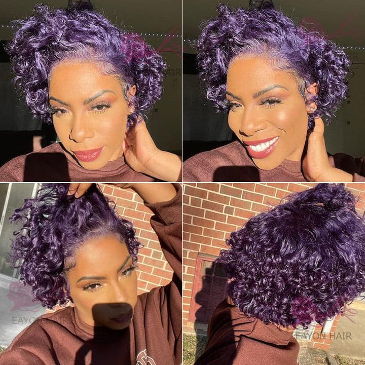 Perruque courte bouclée violette pré-coiffée avec dentelle frontale PCCT1364