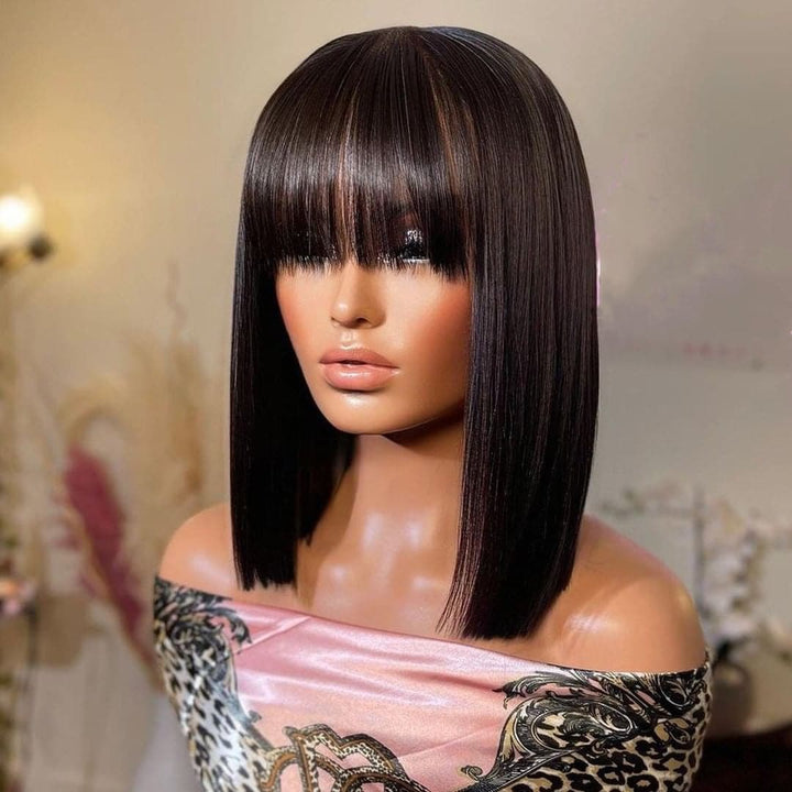 Pre Plucked Blunt Cut Silky Straight BOB With Bangs HD Lace Front Wig 10AOBCT