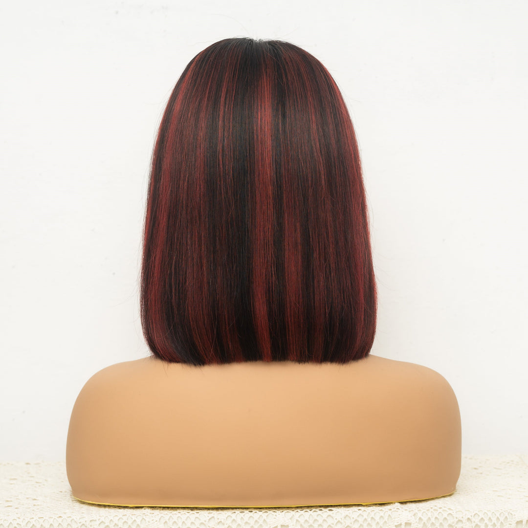 Perruque Bob lisse à coupe droite avec dentelle frontale 13x6, mèches pré-épilées T1B/rouge/rouge foncé BOBTRED