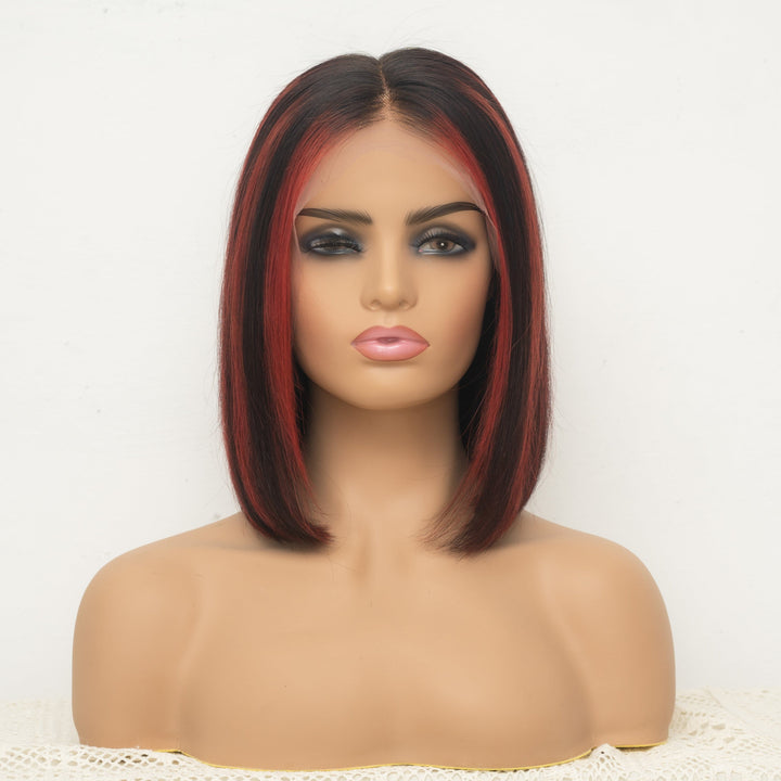 Perruque Bob lisse à coupe droite avec dentelle frontale 13x6, mèches pré-épilées T1B/rouge/rouge foncé BOBTRED