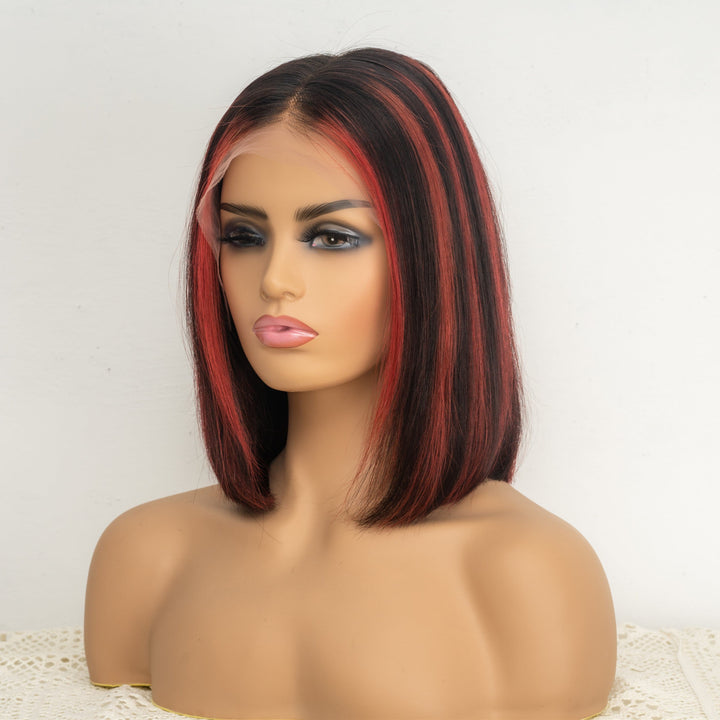 Perruque Bob lisse à coupe droite avec dentelle frontale 13x6, mèches pré-épilées T1B/rouge/rouge foncé BOBTRED