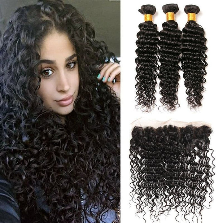 Lots de cheveux humains bouclés profonds avec dentelle frontale 13x4