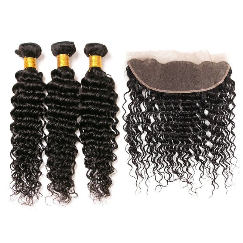 Lots de cheveux humains bouclés profonds avec dentelle frontale 13x4