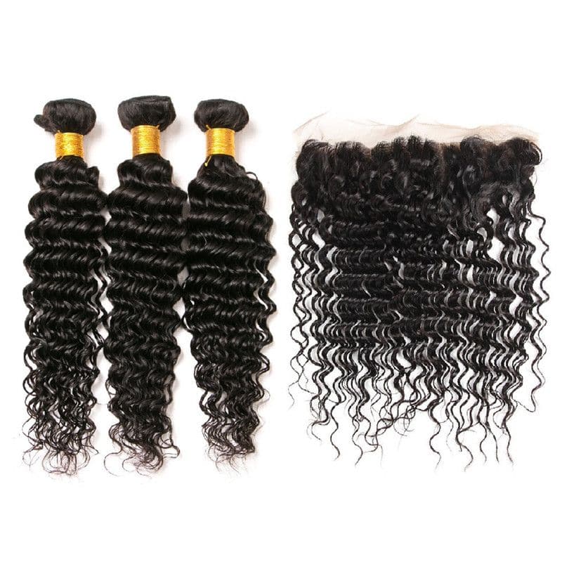 Lots de cheveux humains bouclés profonds avec dentelle frontale 13x4