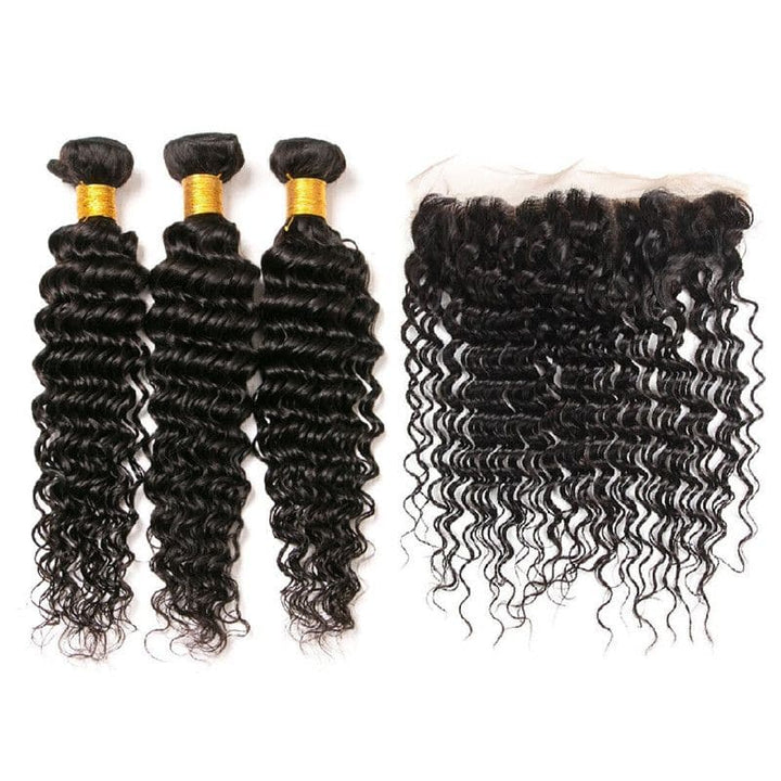 Lots de cheveux humains bouclés profonds avec dentelle frontale 13x4