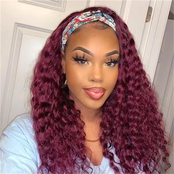 Perruque bandeau #99J bordeaux cheveux humains bouclés profonds HBWDC9