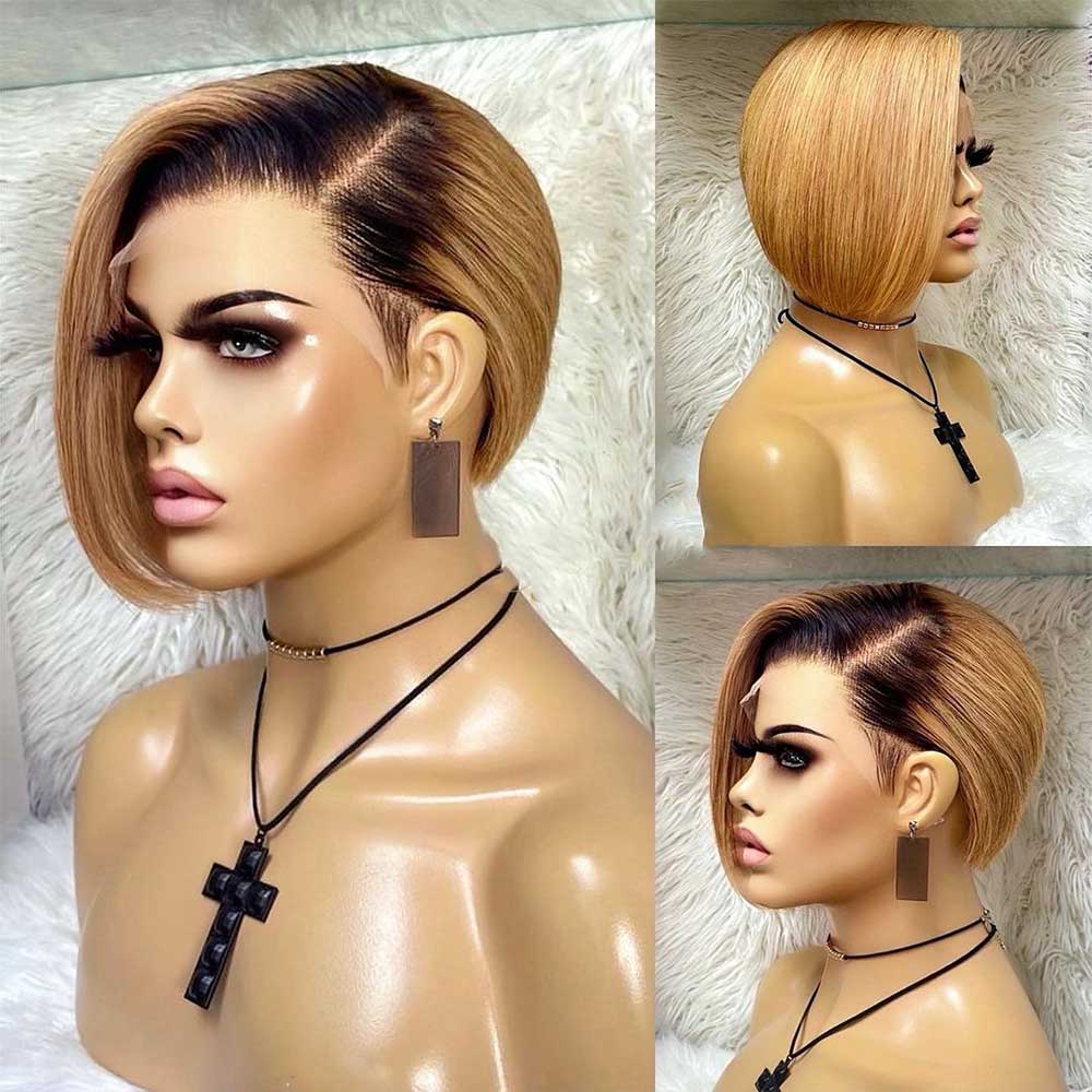 Perruque en dentelle pré-coiffée coupe Pixie, lisse et soyeuse, style Bob PCSSB