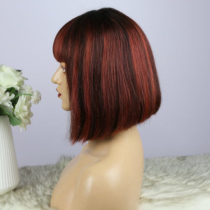 Perruque de cheveux humains lisses avec frange mixte T1B/rouge foncé BT1BR