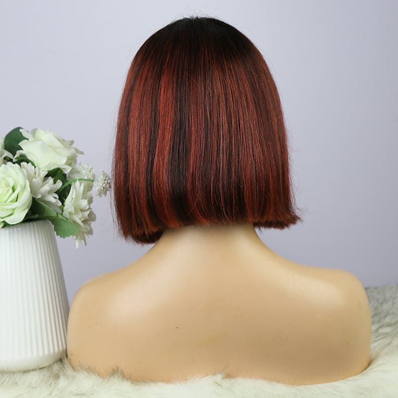 Perruque de cheveux humains lisses avec frange mixte T1B/rouge foncé BT1BR