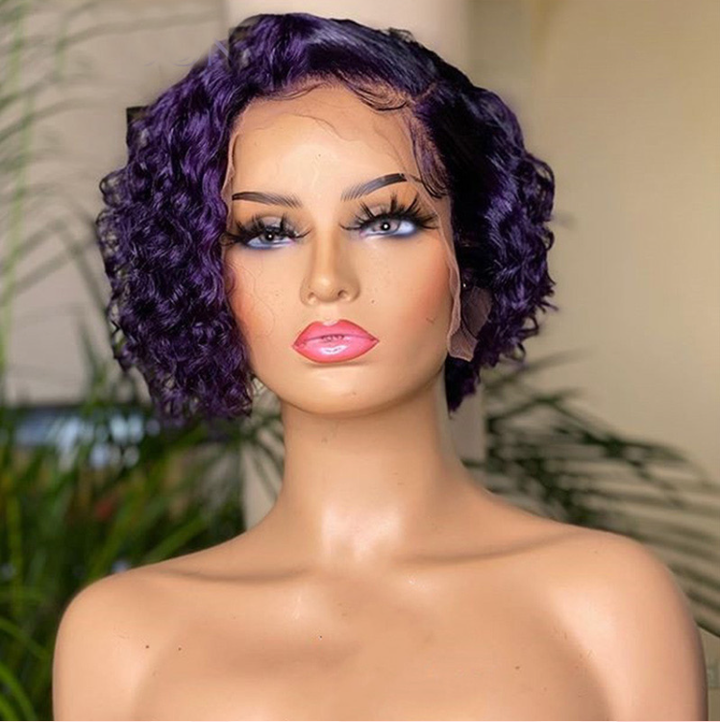 Perruque courte bouclée violette pré-coiffée avec dentelle frontale PCCT1364