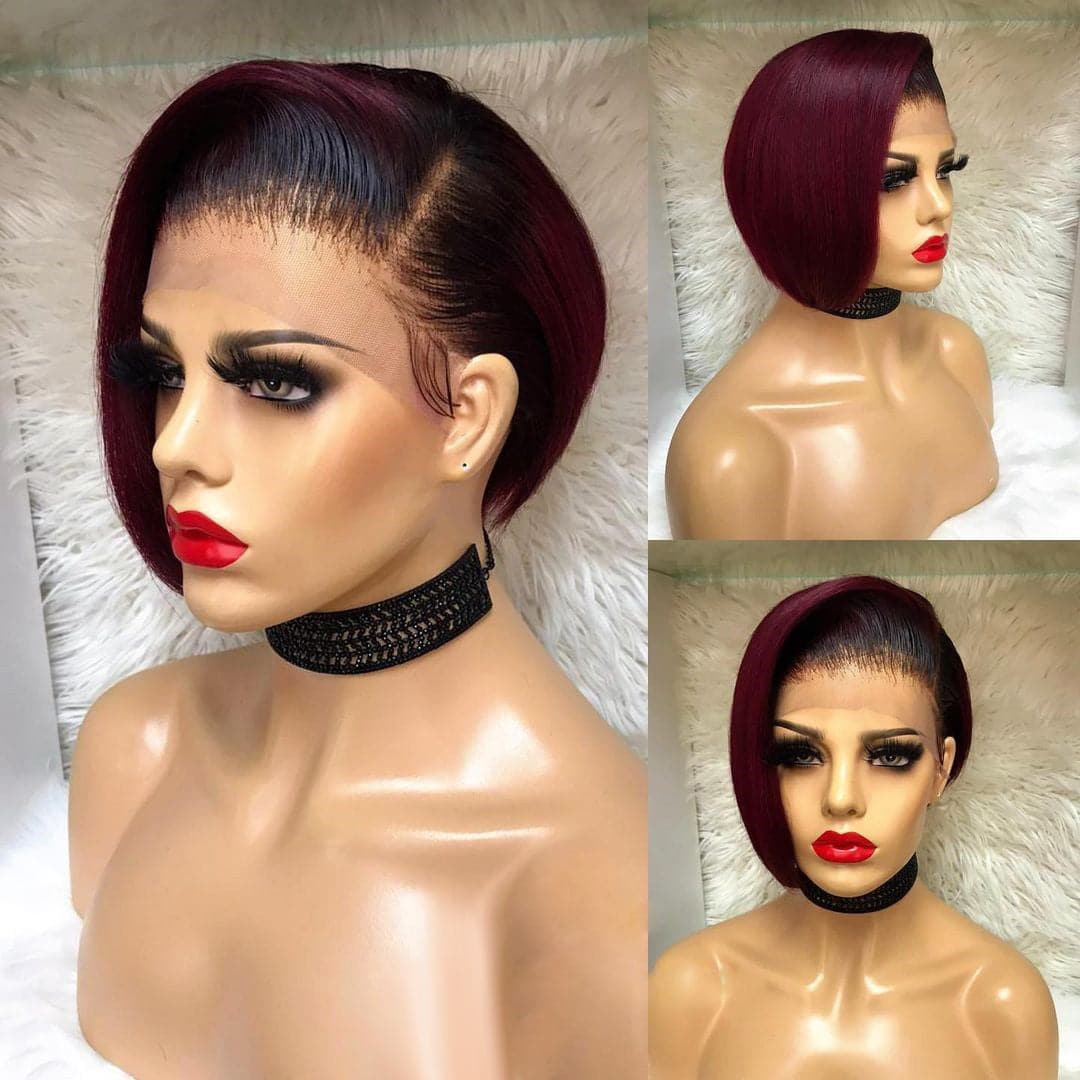 Perruque en dentelle pré-coiffée coupe Pixie, lisse et soyeuse, style Bob PCSSB