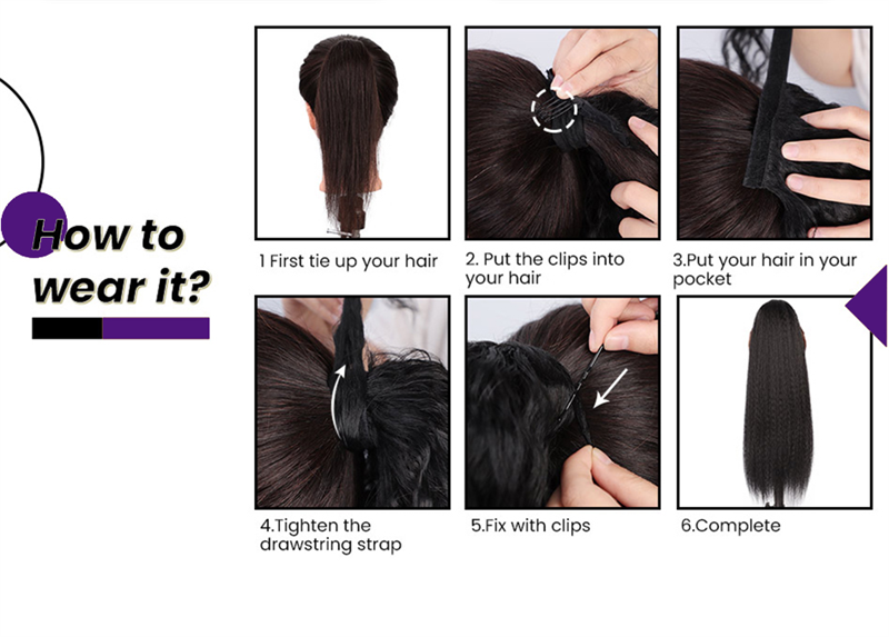 Queue de cheval à enrouler, cheveux humains brésiliens crépus et lisses