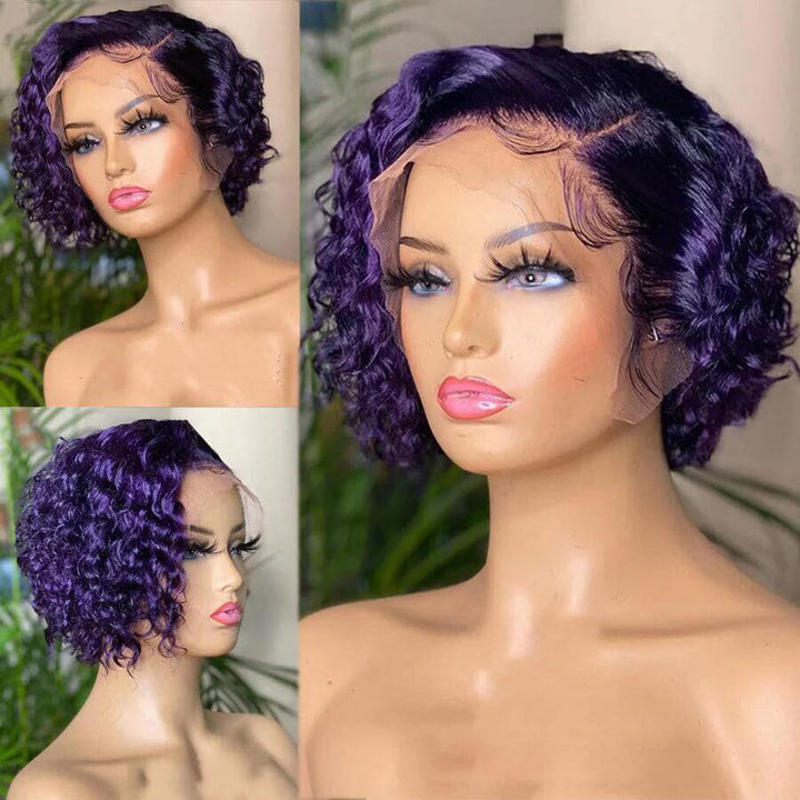 Perruque courte bouclée violette pré-coiffée avec dentelle frontale PCCT1364