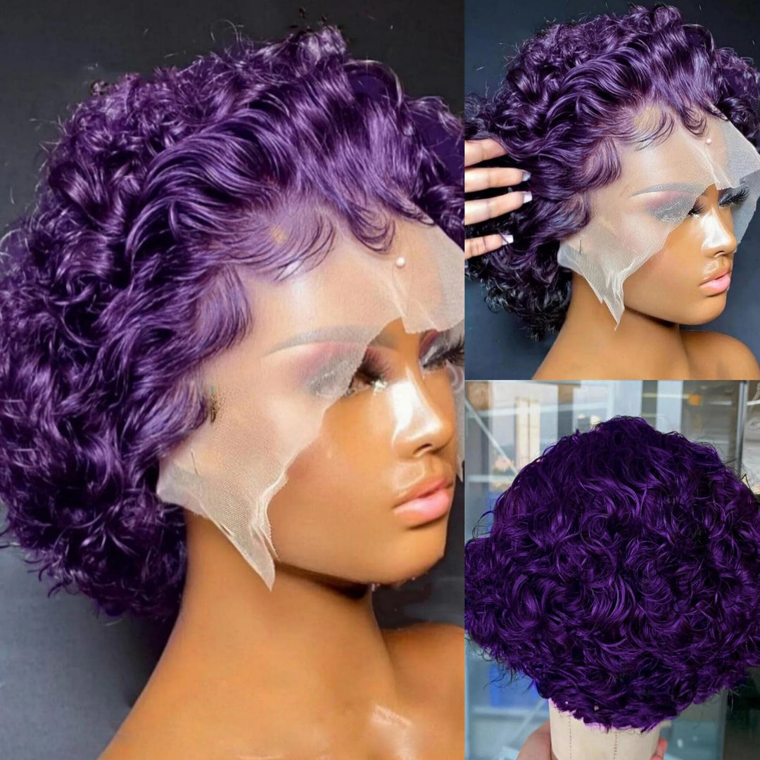 Perruque courte bouclée violette pré-coiffée avec dentelle frontale PCCT1364
