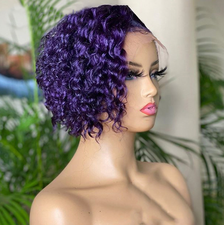 Perruque courte bouclée violette pré-coiffée avec dentelle frontale PCCT1364