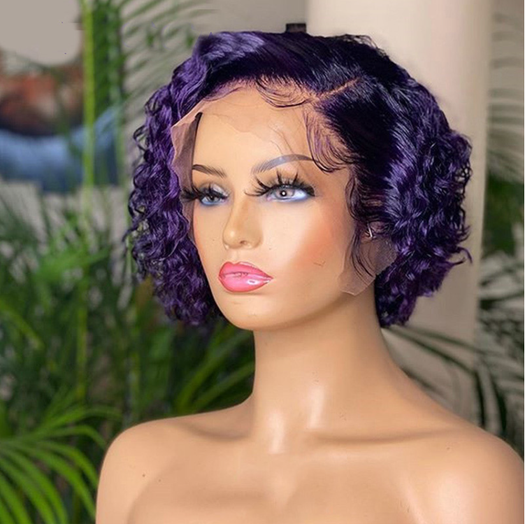 Perruque courte bouclée violette pré-coiffée avec dentelle frontale PCCT1364
