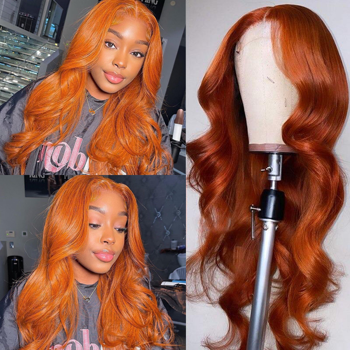 Perruque Lace Front Wig Body Wave 13x4, couleur orange gingembre transparente, BBG01