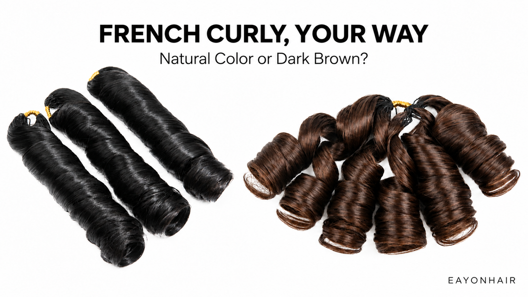 Natural and Dark Brown French Curly hair with the title French Curly, Your Way