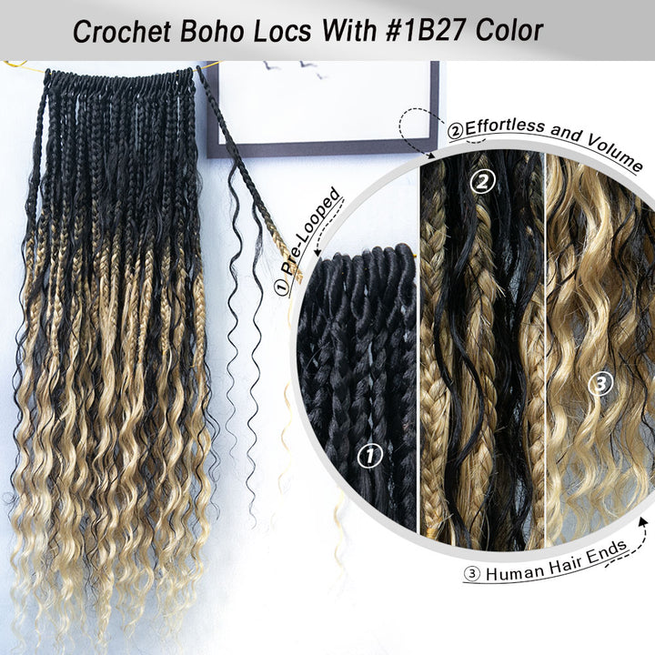 #S1B27/H27 Tresses au crochet style bohème avec boucles en cheveux humains 24 pouces 