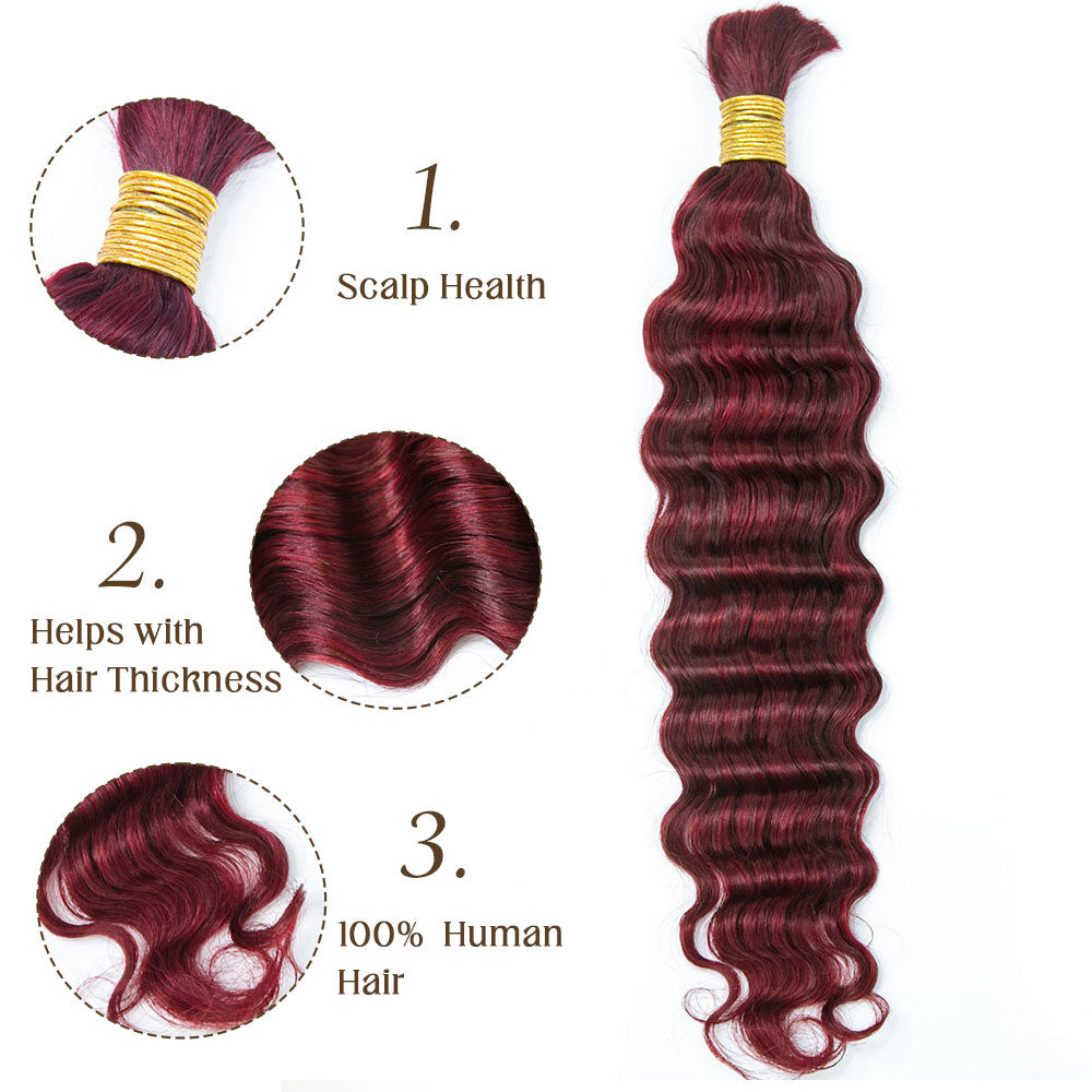 Bulk Human Hair For Braiding #99j/Burgundy Deep Wave