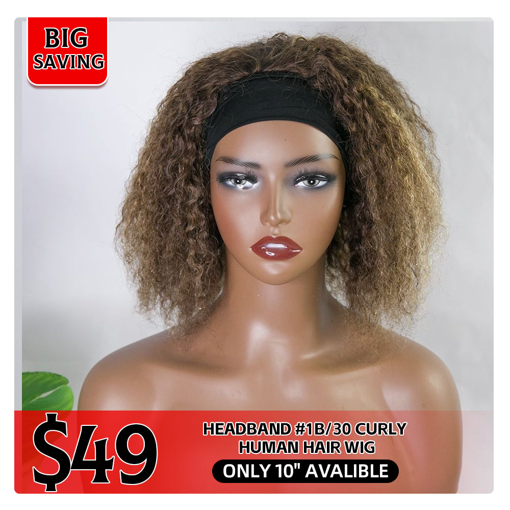 Headband #1B/30 Curly Human wig