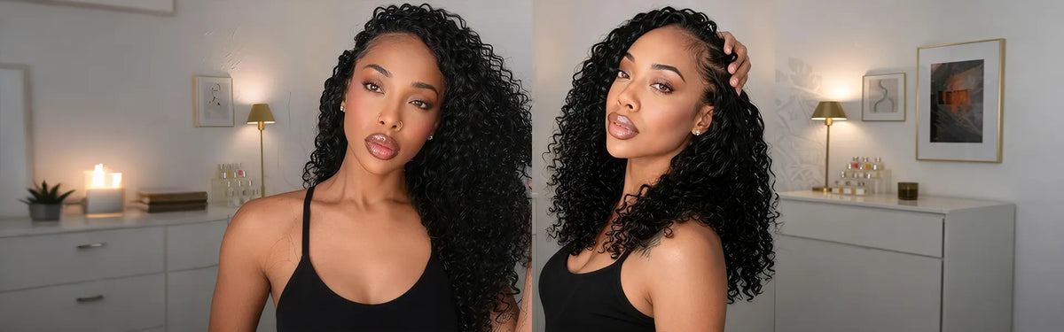 Woman showing a before and after Miracle Knots crochet hair installation, transforming simple cornrow braids into full, defined, natural-looking curls.