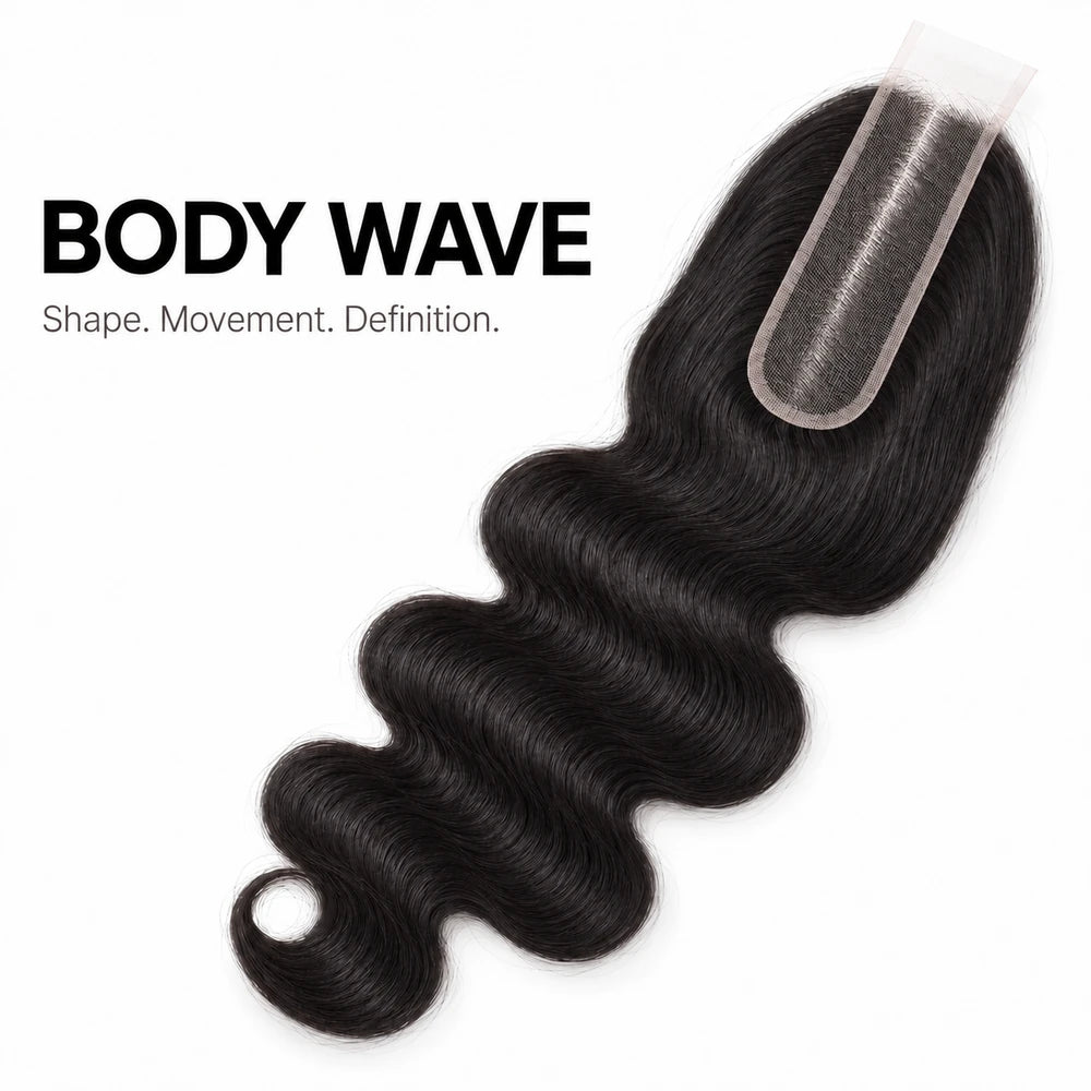 Angled view of a black body wave 2x6 lace closure showing the wave pattern and narrow lace base