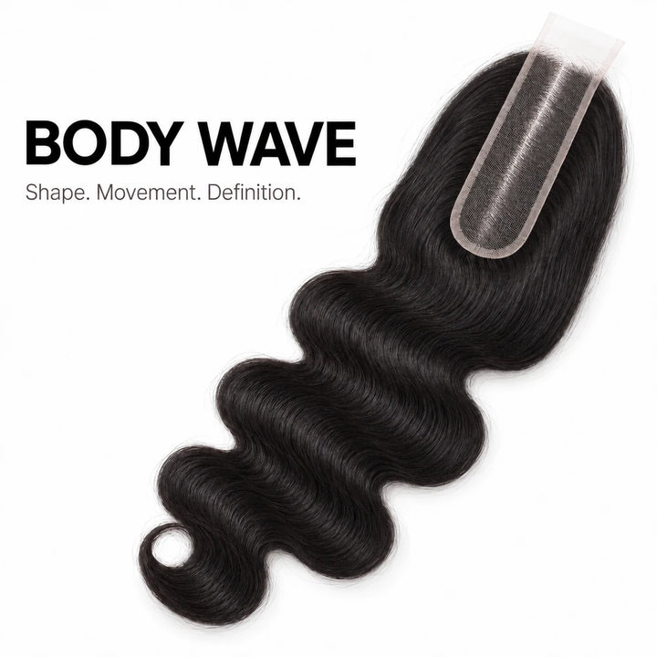 Angled view of a black body wave 2x6 lace closure showing the wave pattern and narrow lace base
