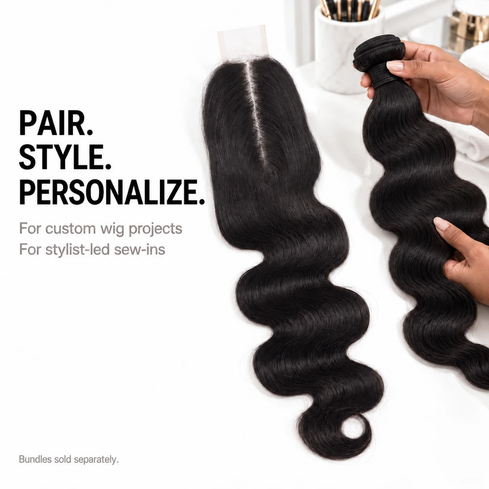 Body wave closure beside a matching hair bundle held by a stylist; bundles sold separately