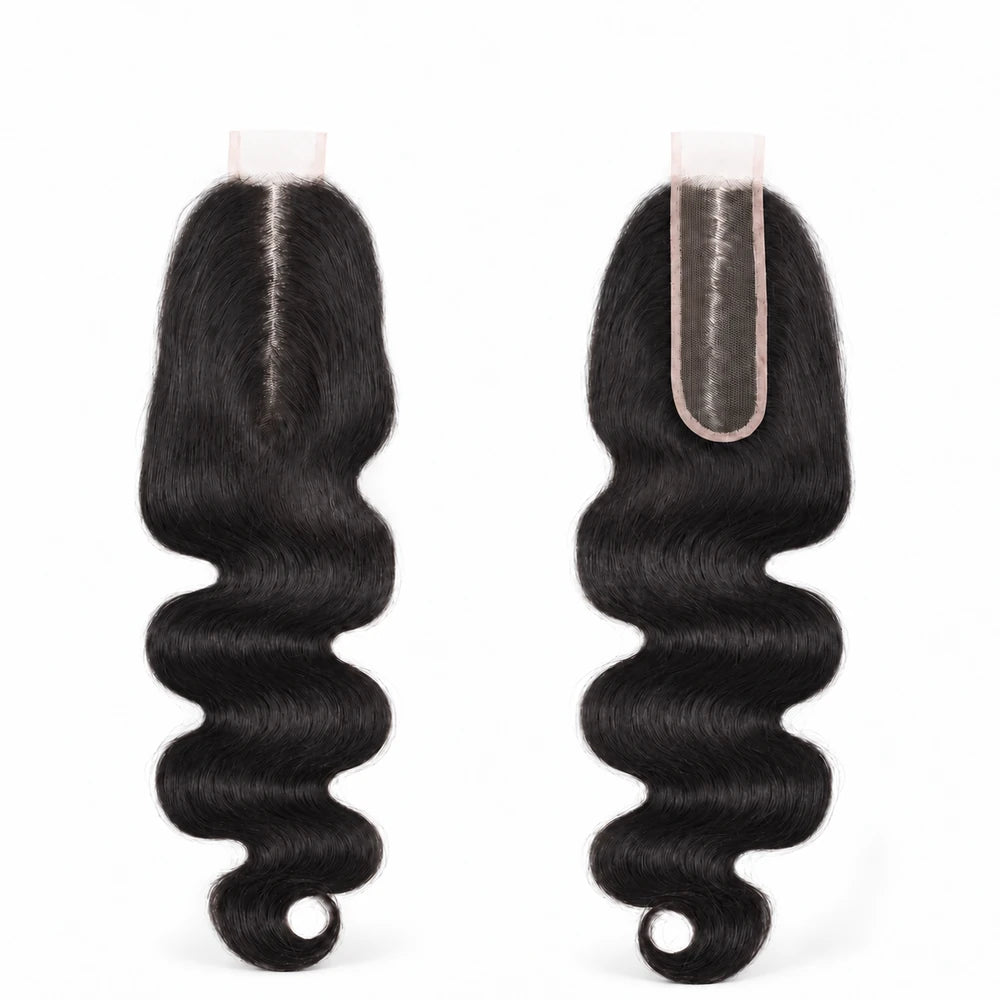 Front and back views of a black body wave 2x6 HD lace closure with a center part