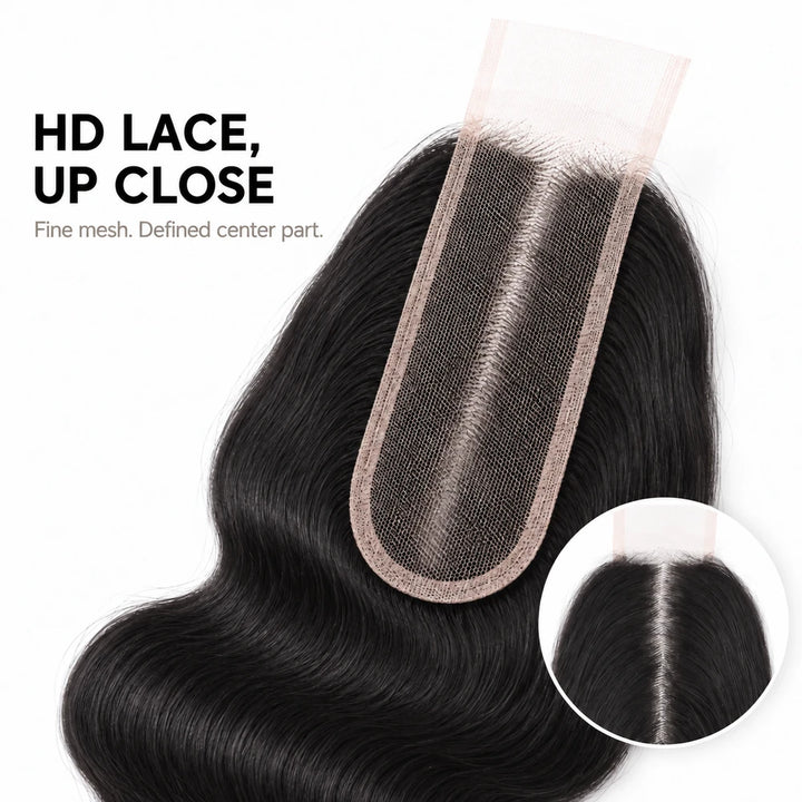 Close-up of the body wave closure lace mesh with an inset showing the center part