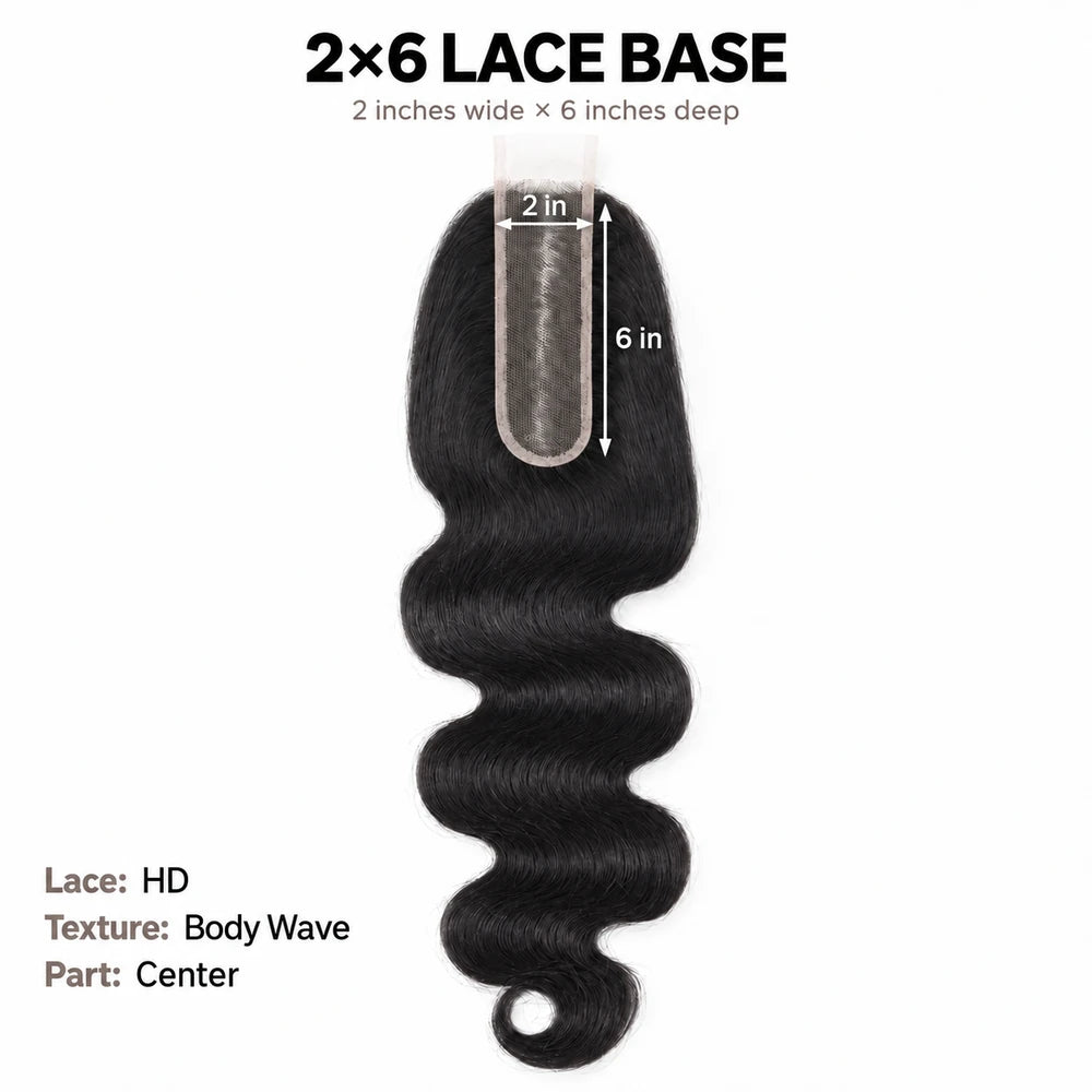 Body wave HD lace closure size guide showing a lace base 2 inches wide and 6 inches deep