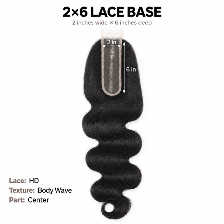 Body wave HD lace closure size guide showing a lace base 2 inches wide and 6 inches deep