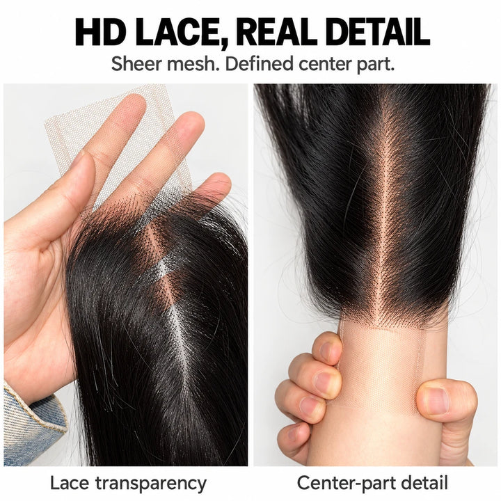 Two close-ups showing lace over fingers and the closure center part over a wrist