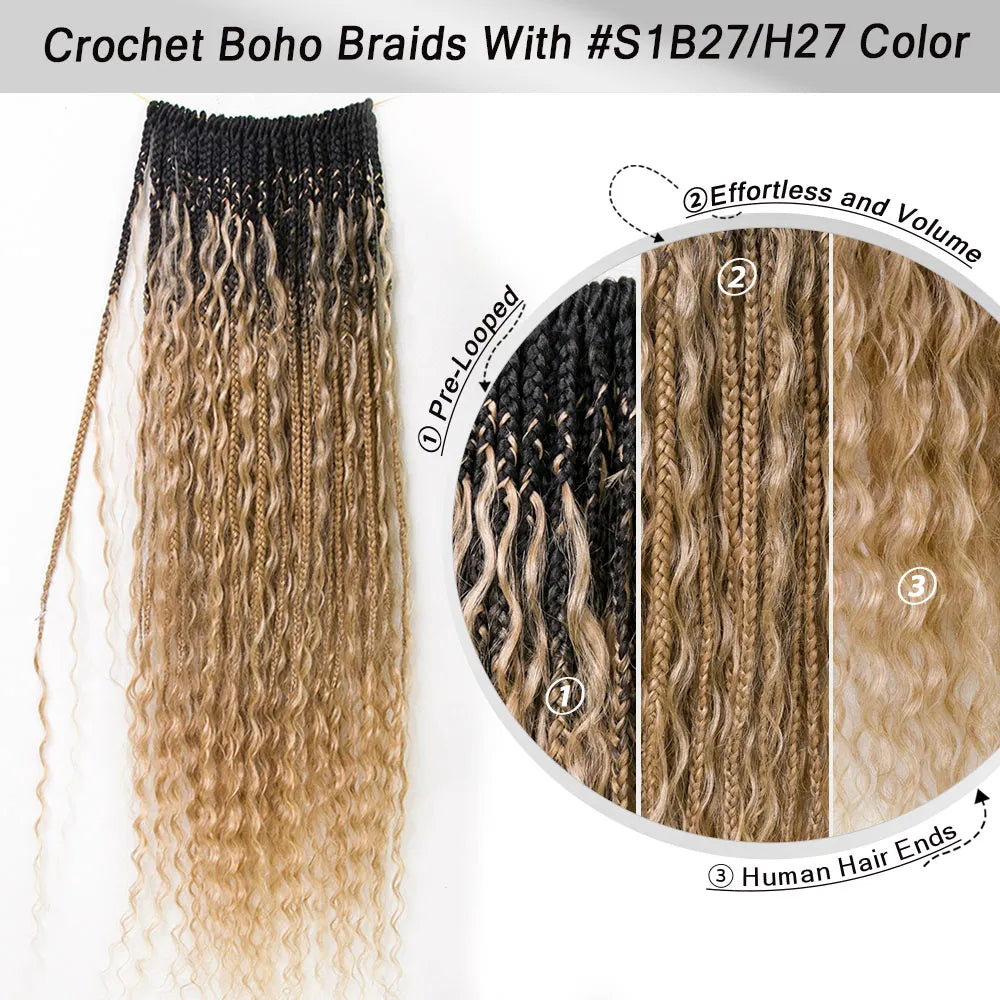 #S1B27/H27  Crochet Boho Box Braids With Human Hair Curls 24 Inch