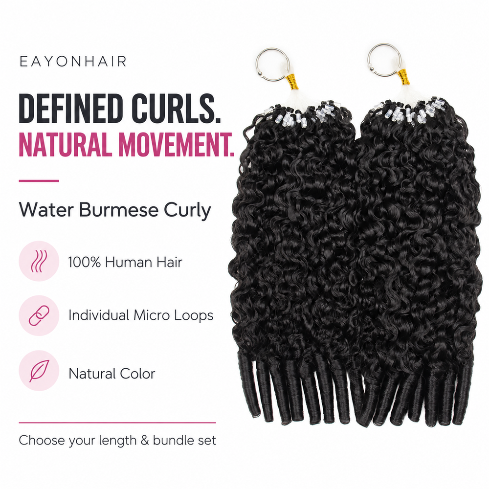 Eayonhair Water Burmese Curly human hair extensions with defined curls and individual micro loops