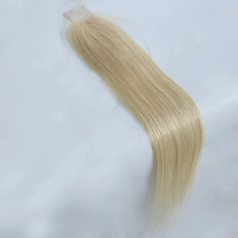 613 Blonde Silk Straight closure showing light blonde lengths
