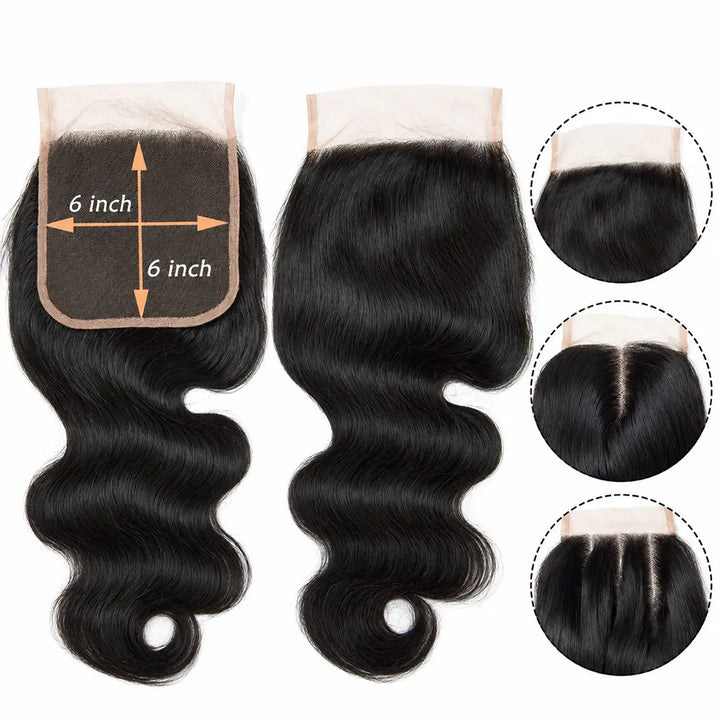 Body Wave 6x6 HD lace closure with six-inch measurements and hairline detail