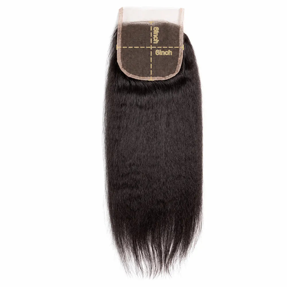 Kinky Straight closure showing the lace base and six-inch measurement guide