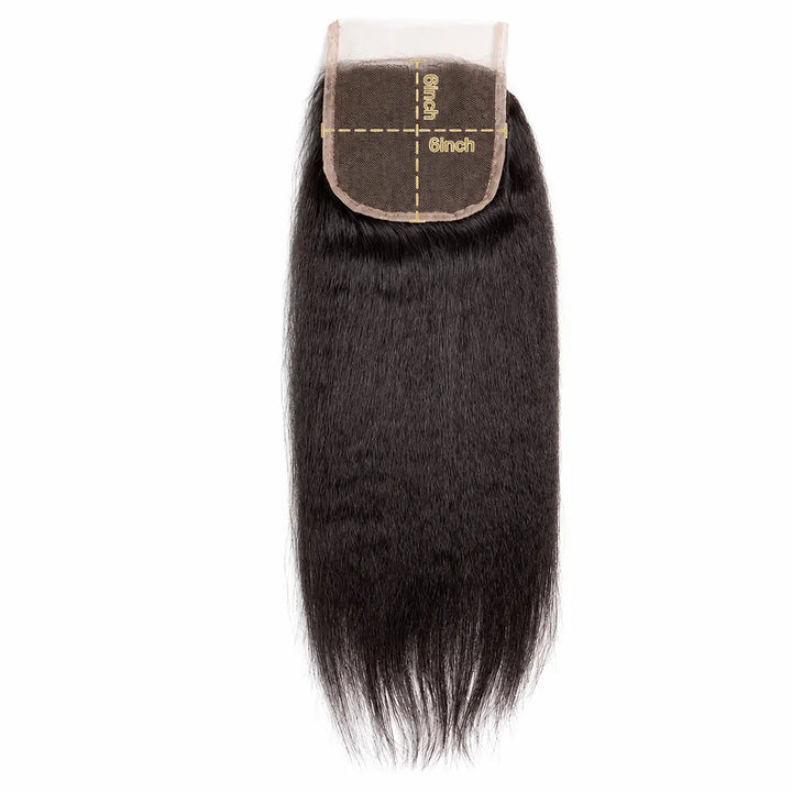 Kinky Straight closure showing the lace base and six-inch measurement guide