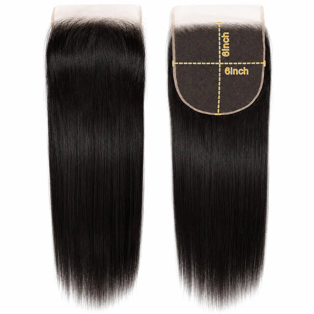 Straight 6x6 HD lace closure showing front and reverse views with measurements