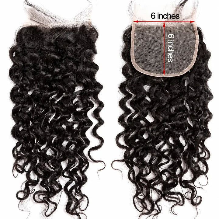 Water Wave 6x6 closure showing front and reverse views with lace measurements