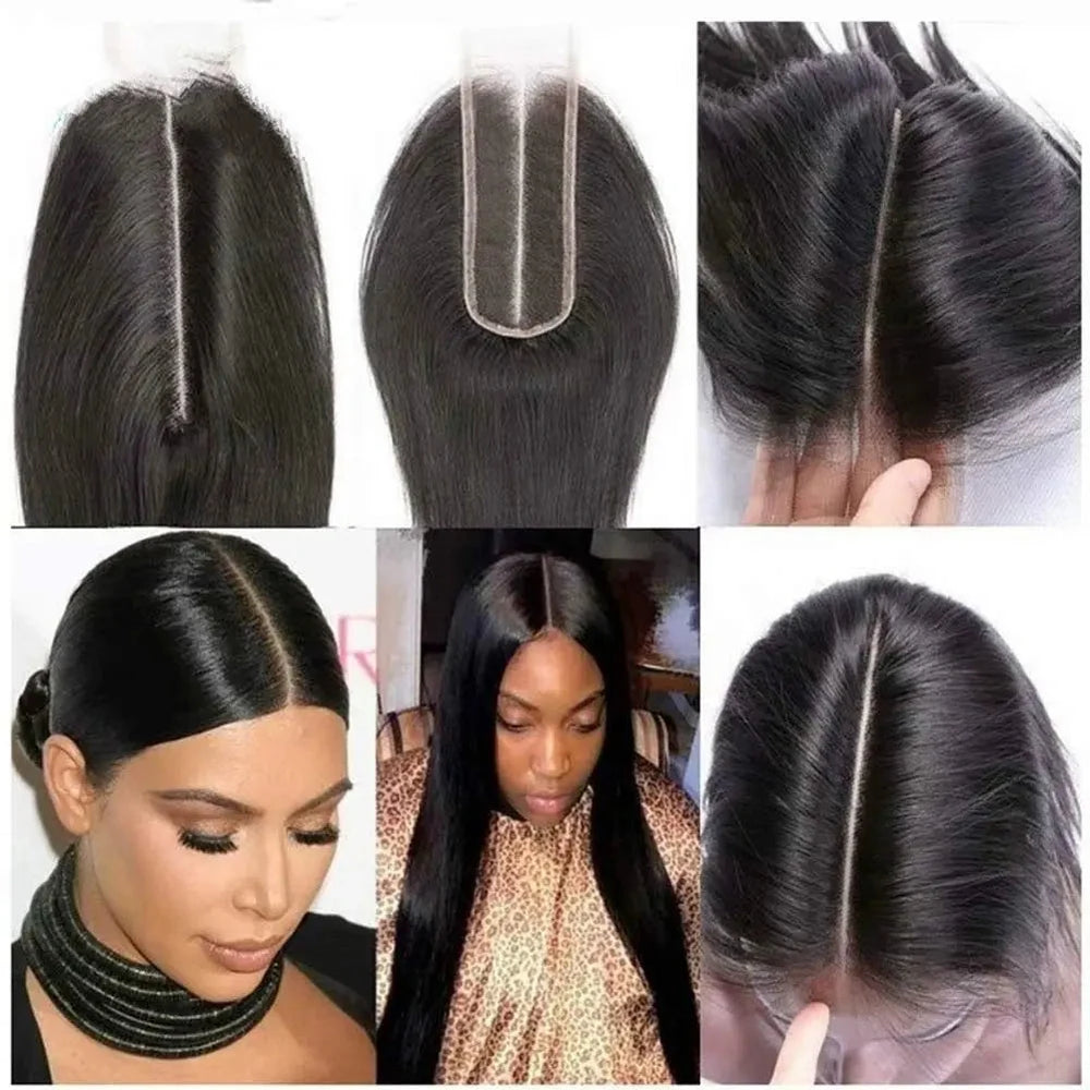 Natural-color Silk Straight 2x6 HD lace closure with lace and installed-style views
